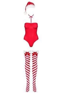 Тедді Obsessive Kissmas teddy, S/M, червоне, без бретелей, чокер, панчохи та шапка з помпоном у наборі SX1152 фото