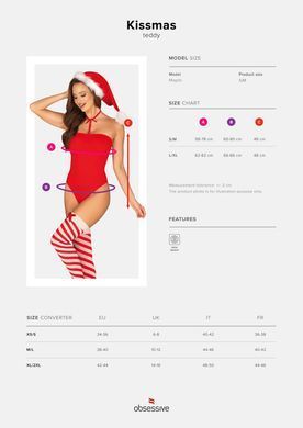 Тедді Obsessive Kissmas teddy, S/M, червоне, без бретелей, чокер, панчохи та шапка з помпоном у наборі SX1152 фото