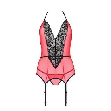 Корсет з пажами для панчіх Passion PEONIA CORSET S/M red, стрінги SO8464 фото